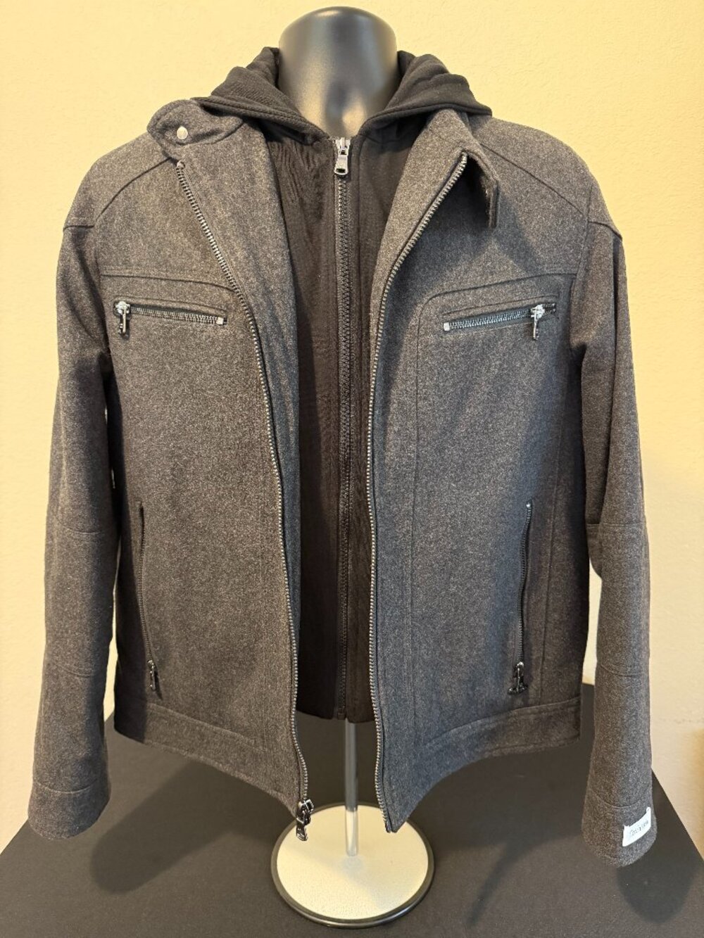 NWOT Calvin Klein Wool Layered Hooded Jacket Medium Charcoal Gray Moto Coat